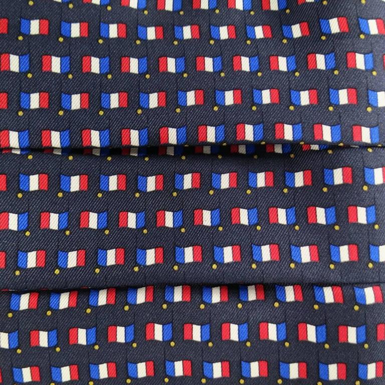 Men's Vintage HERMES Silk Navy French Flag Print Bow Tie Cummerbund Set