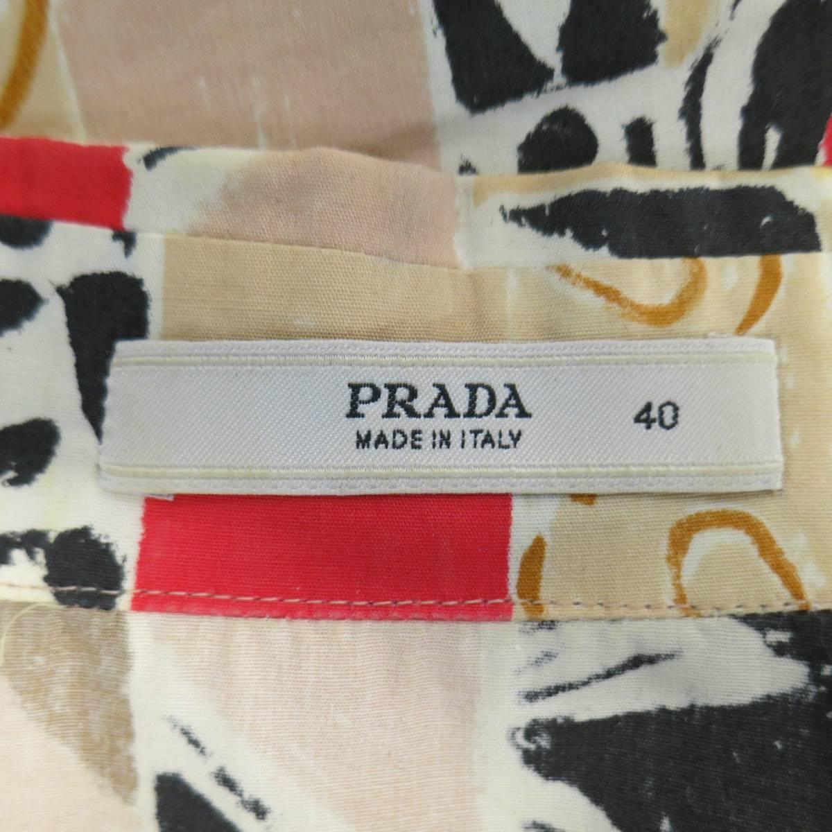 PRADA Size 4 Beige & Red Venice Italy Print Cotton Cropped 3/4 Blouse 3