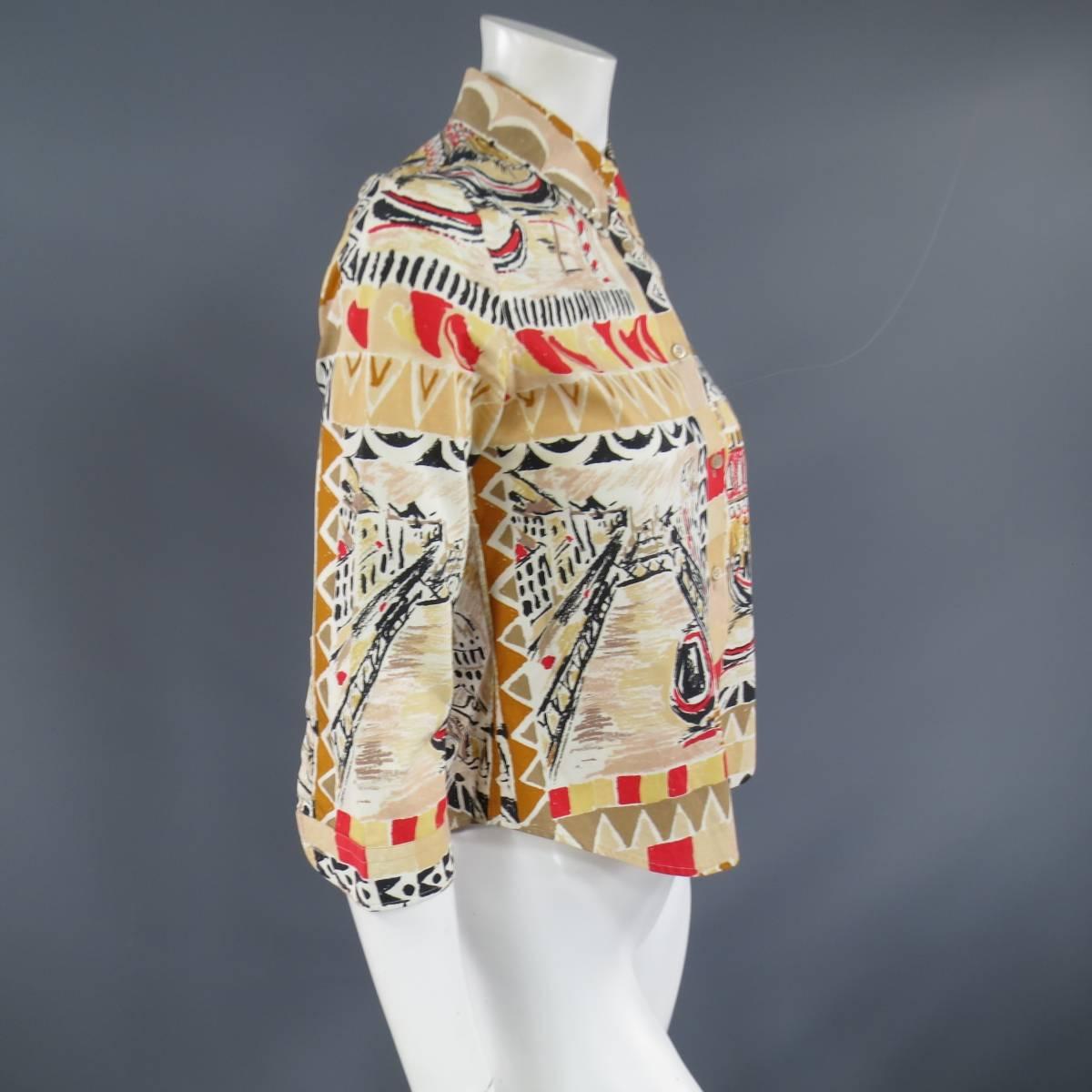 Women's PRADA Size 4 Beige & Red Venice Italy Print Cotton Cropped 3/4 Blouse