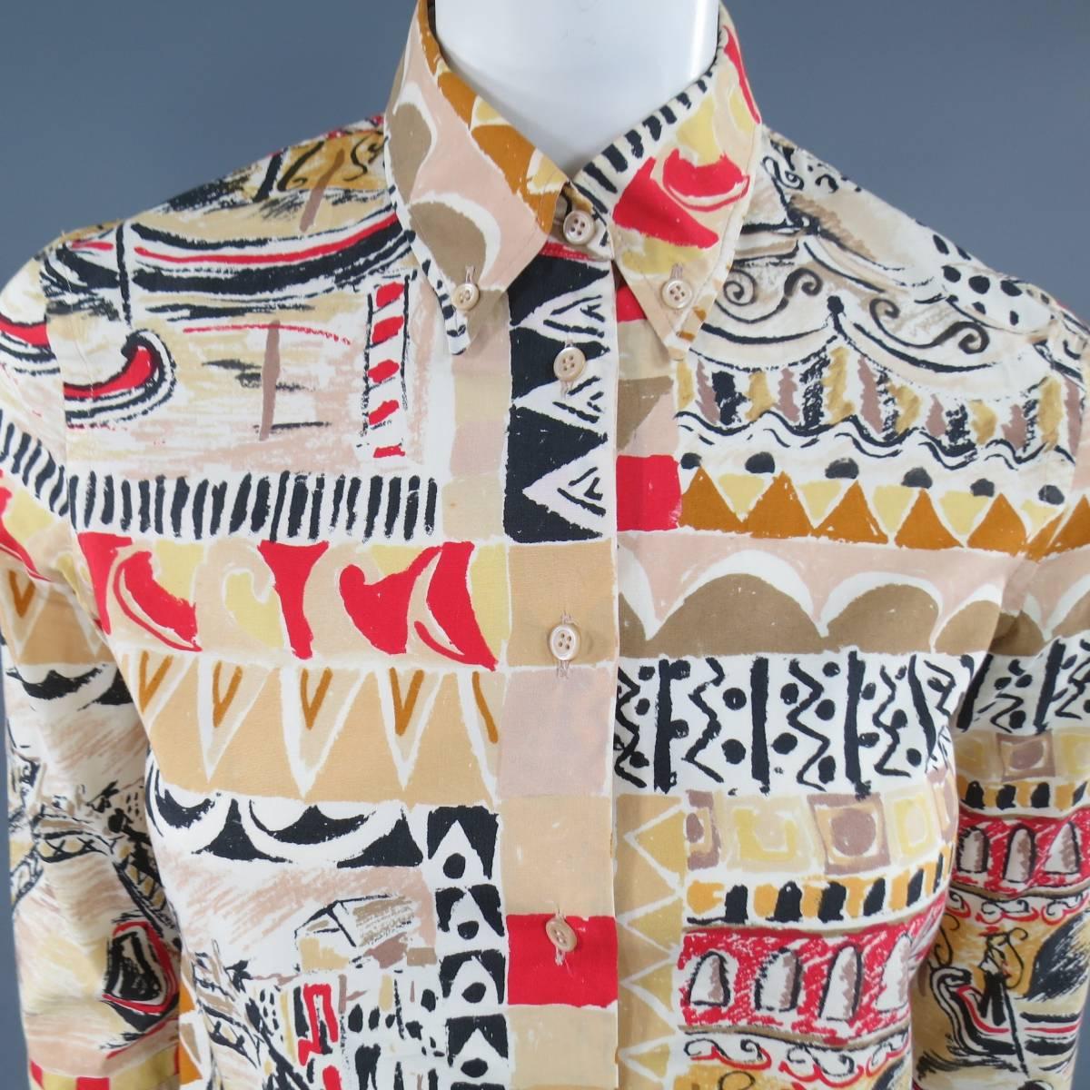 This gorgeous PRADA button down collar cropped blouse comes in beige cotton with an allover abstract red and white cartoon Venice Italy print with three quarter sleeves. Made in Italy.
 
Excellent Pre-Owned Condition.
Marked: 40
