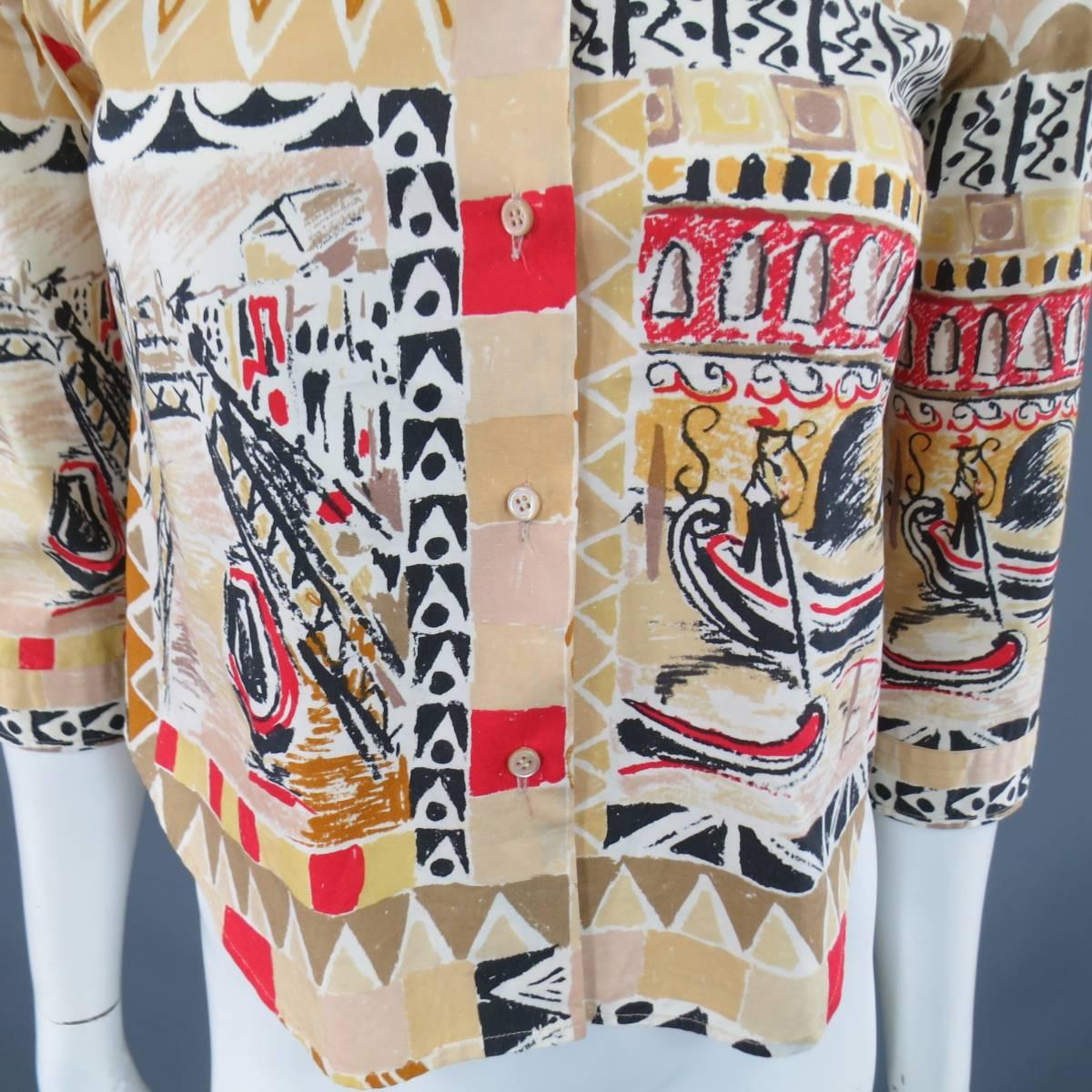 PRADA Size 4 Beige & Red Venice Italy Print Cotton Cropped 3/4 Blouse In Excellent Condition In San Francisco, CA