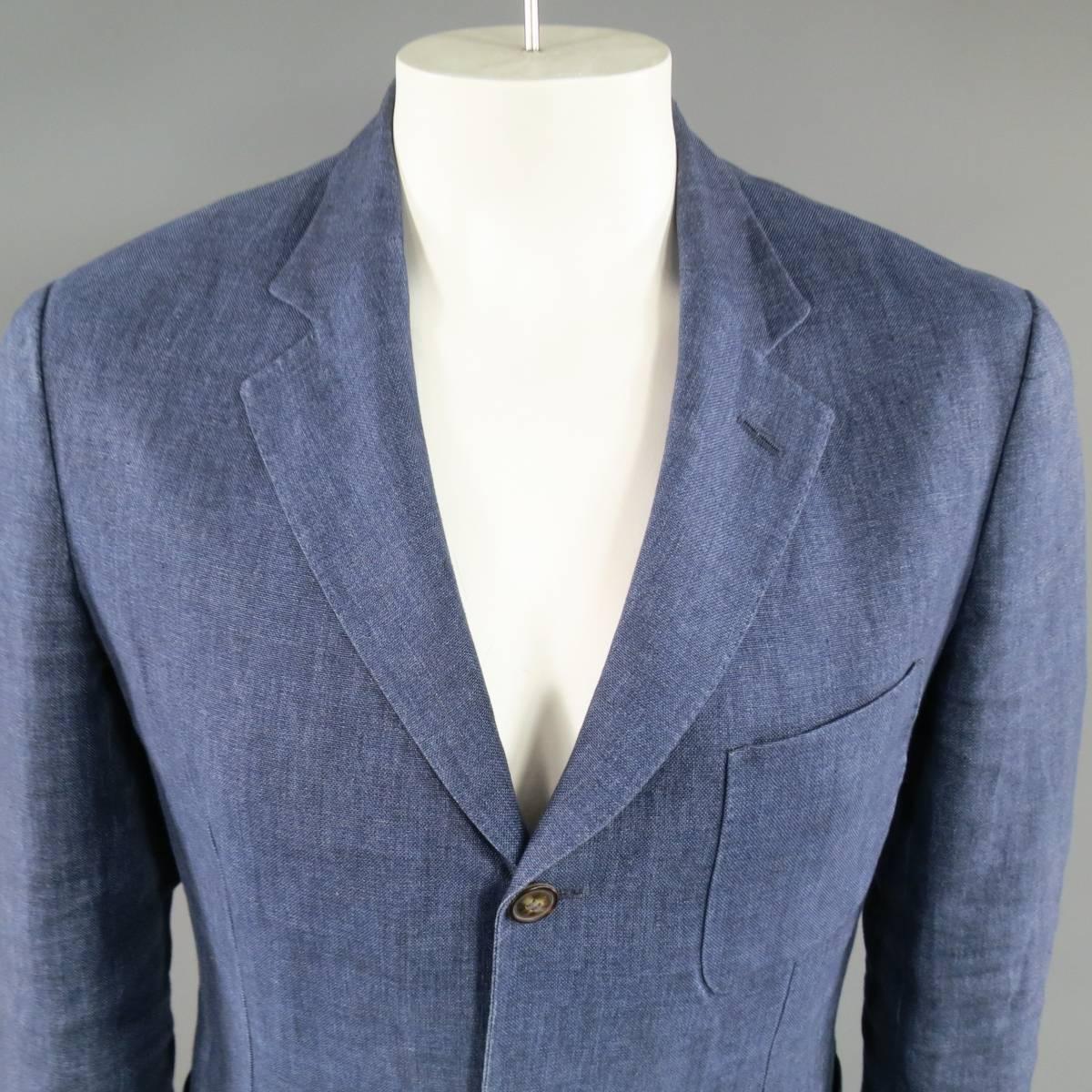 LORO PIANA Sport Coat consists of linen material in a indigo color tone. Designed in a notch lapel collar, 3-button front and bottom patch pockets. Detailed with a top patch pocket, 4-button cuff and double back vent. Unconstructed lining.