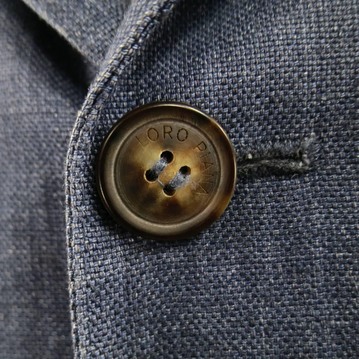 Gray Men's LORO PIANA 38 Regular Indigo Linen Notch Lapel Patch Pocket Sport Coat