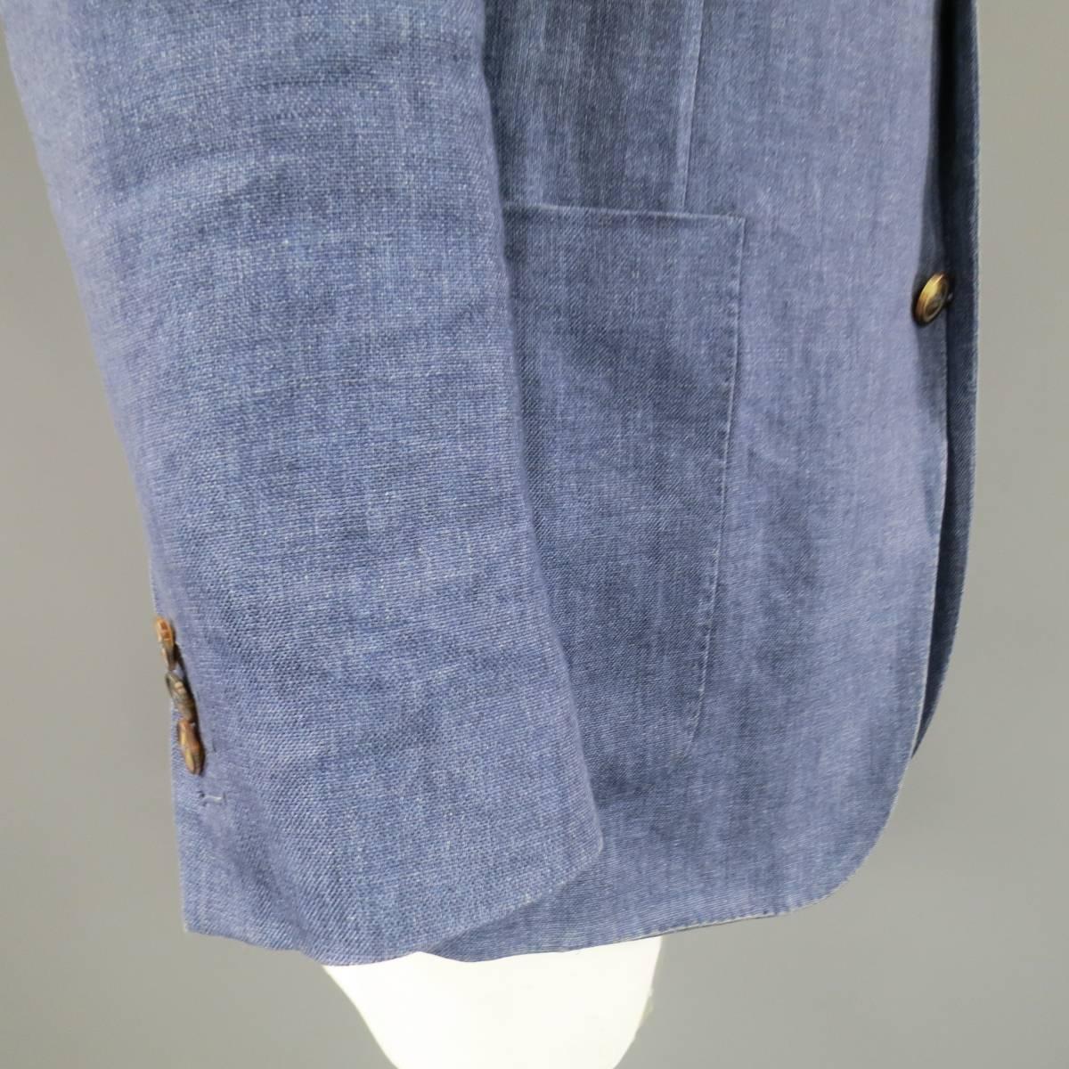 Men's LORO PIANA 38 Regular Indigo Linen Notch Lapel Patch Pocket Sport Coat 1