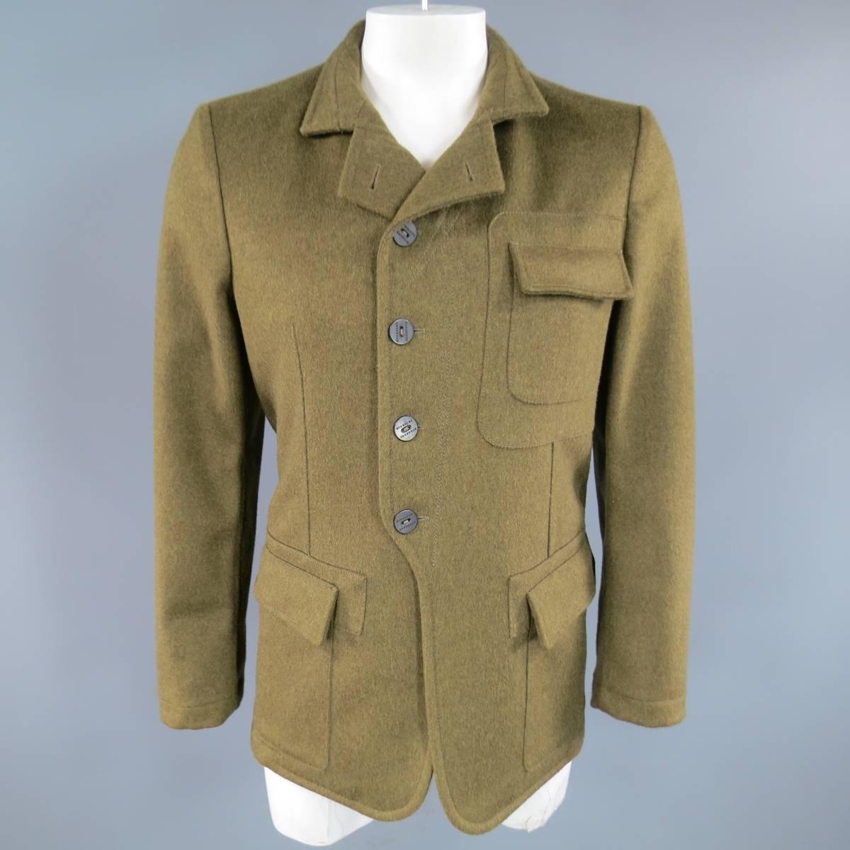 Men's BURBERRY Men's 40 Olive Green Wool Patch Pocket Military Style Coat In Excellent Condition In San Francisco, CA