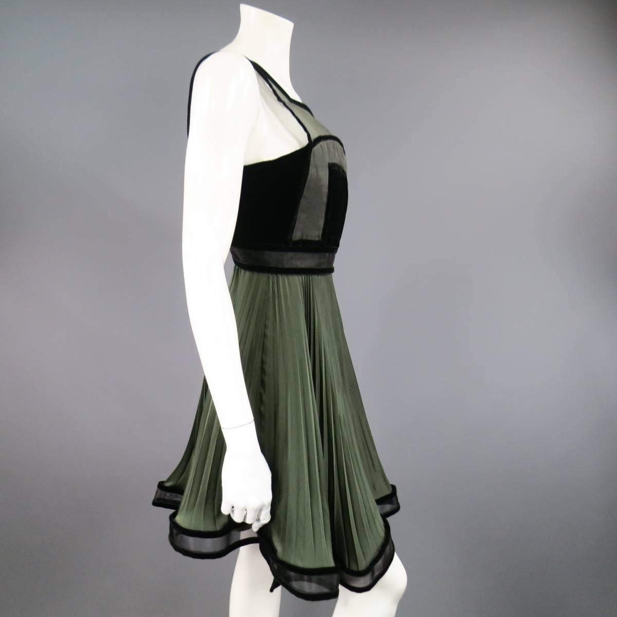 CHRISTOPHER KANE Fall 2009 Size 2 Olive & Black Pleated Silk Velvet Trim Dress 3