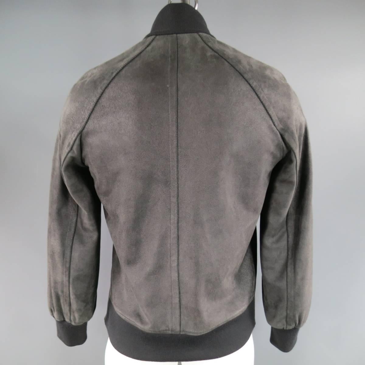 Gray Men's HERMES 40 Charcoal Goat Suede High Neck Raglan Sleeve Bomber Jacket