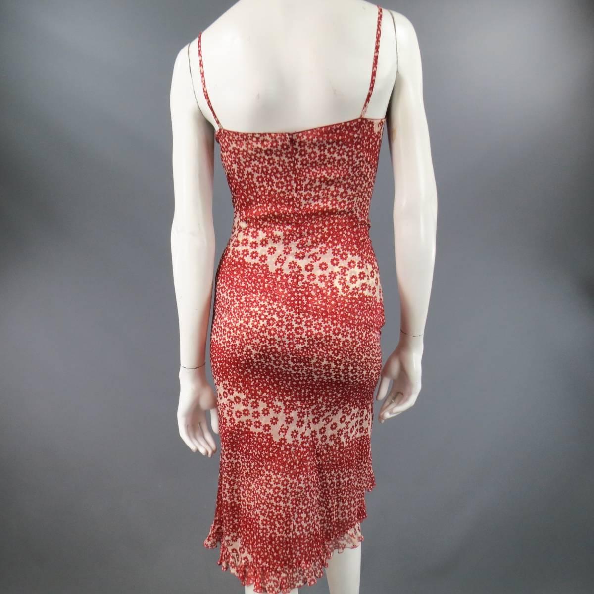 CHANEL Size 10 Red & Beige Floral Cotton Ruffled Hem Slip Dress Spring 2003 1