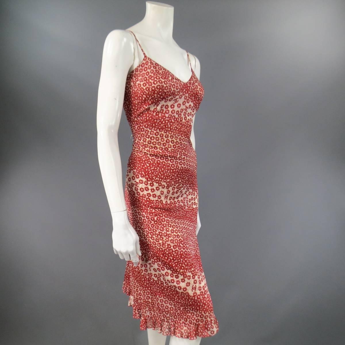Women's CHANEL Size 10 Red & Beige Floral Cotton Ruffled Hem Slip Dress Spring 2003