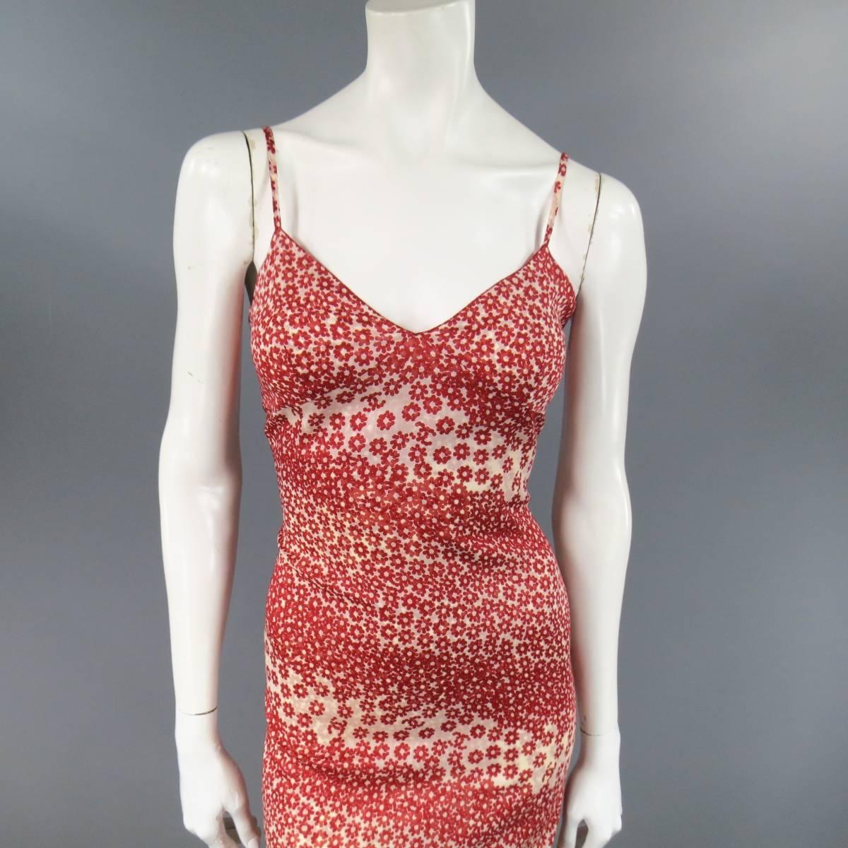 This gorgeous CHANEL Spring Summer 2003 Collection slip dress comes in a beige light weight cotton gauze with all over cool red spotted floral  stripes with  CC print and features skinny straps, underbust bralette seams, fitted shift silhouette,