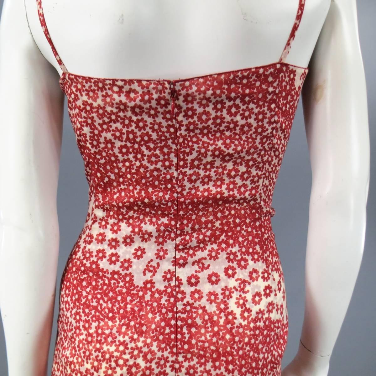 CHANEL Size 10 Red & Beige Floral Cotton Ruffled Hem Slip Dress Spring 2003 2