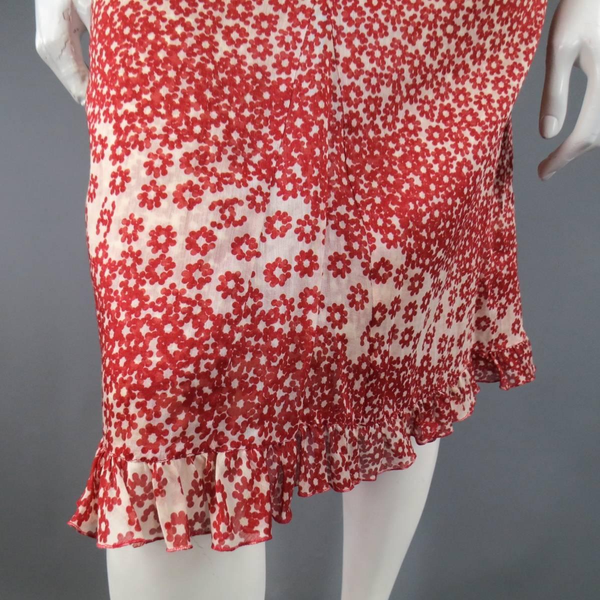 CHANEL Size 10 Red & Beige Floral Cotton Ruffled Hem Slip Dress Spring 2003 In Excellent Condition In San Francisco, CA