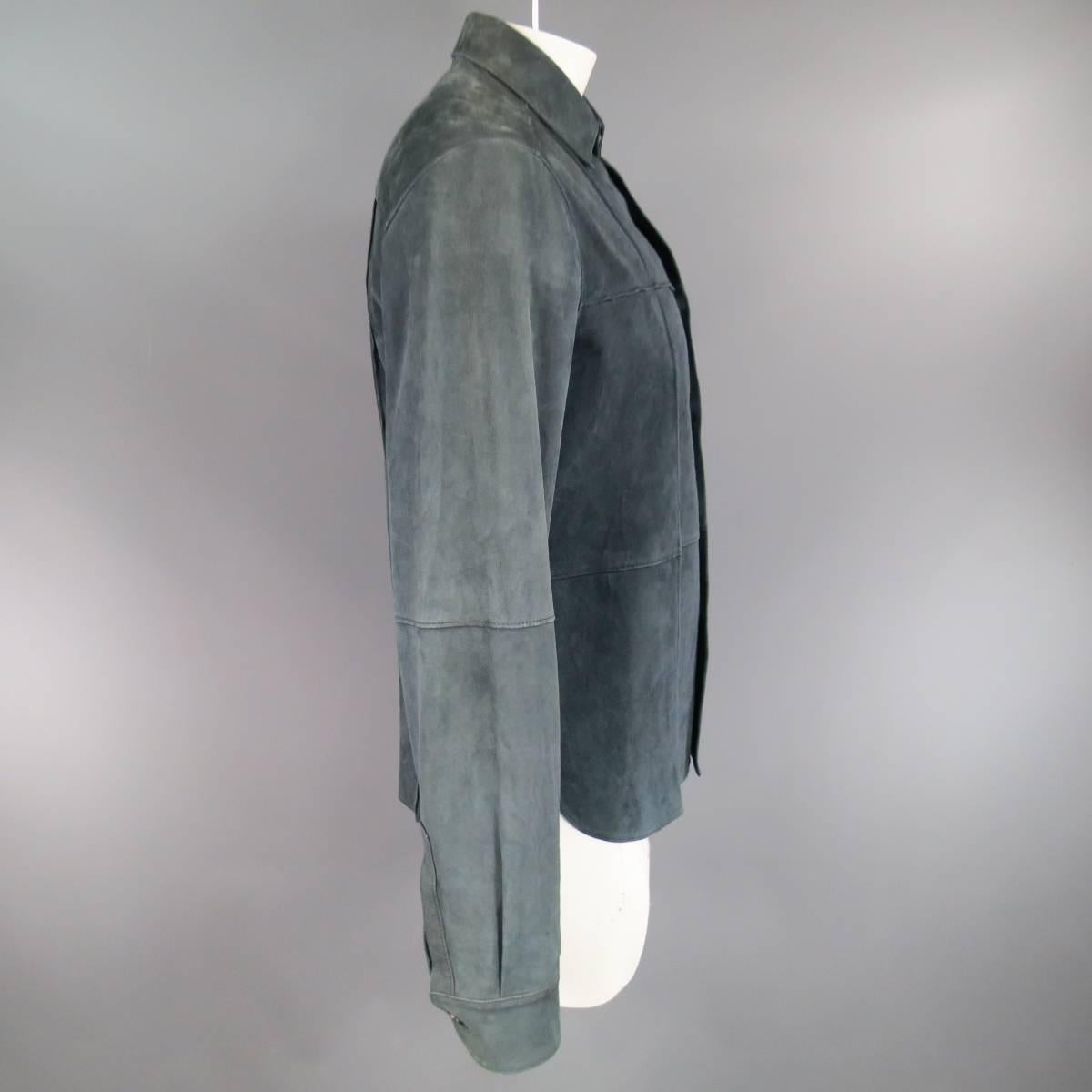 Black Men's JIL SANDER 40 Navy Suede Collared Windowpane Seam Shirt Jacket