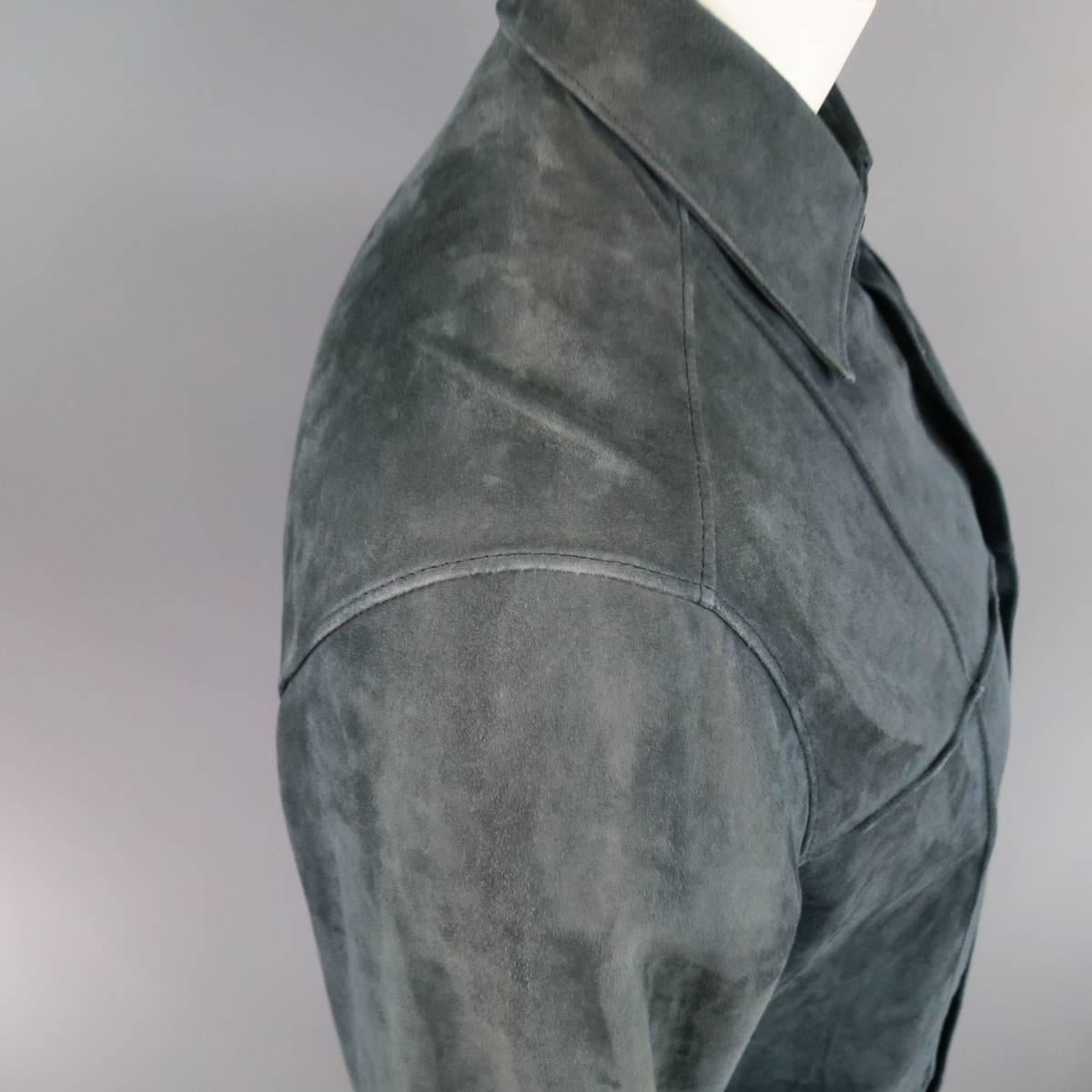 Men's JIL SANDER 40 Navy Suede Collared Windowpane Seam Shirt Jacket In Fair Condition In San Francisco, CA
