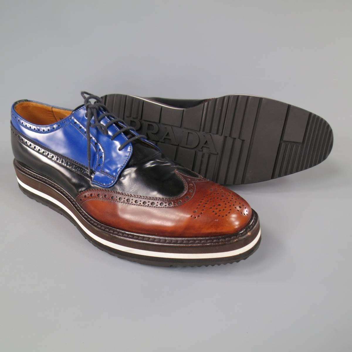 Men's PRADA Size 11.5 Blue Black & Brown Leather Spring 2011 Platform Brogues 1