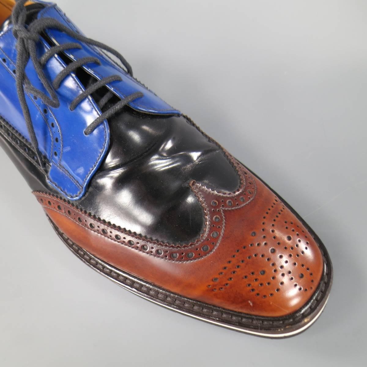 Men's PRADA Size 11.5 Blue Black & Brown Leather Spring 2011 Platform Brogues 3