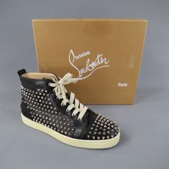 Men's CHRISTIAN LOUBOUTIN Size 11 Black Leather Silver Spikes LOUIS FLAT Sneaker