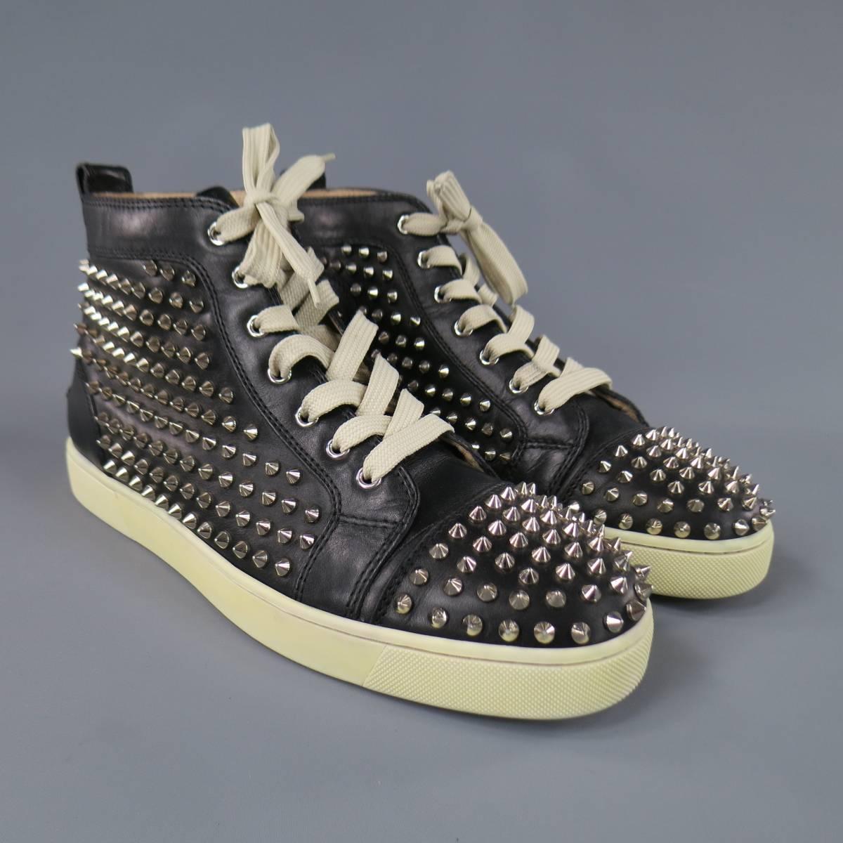 Men's CHRISTIAN LOUBOUTIN Size 11 Black Leather Silver Spikes LOUIS