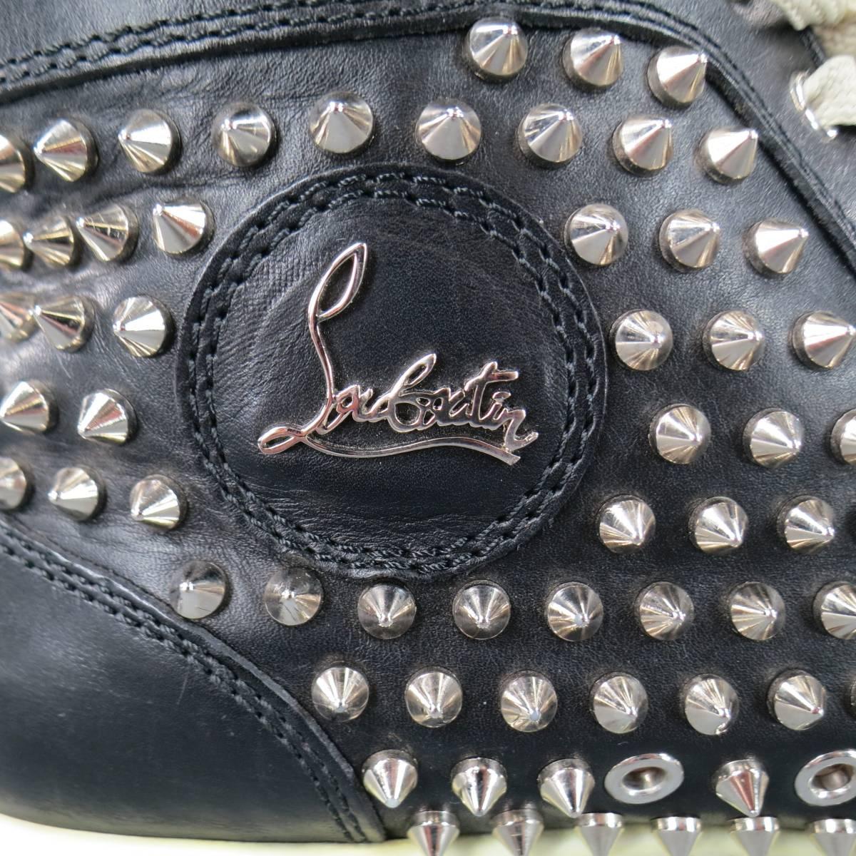 Men's CHRISTIAN LOUBOUTIN Size 11 Black Leather Silver Spikes LOUIS FLAT Sneaker In Excellent Condition In San Francisco, CA