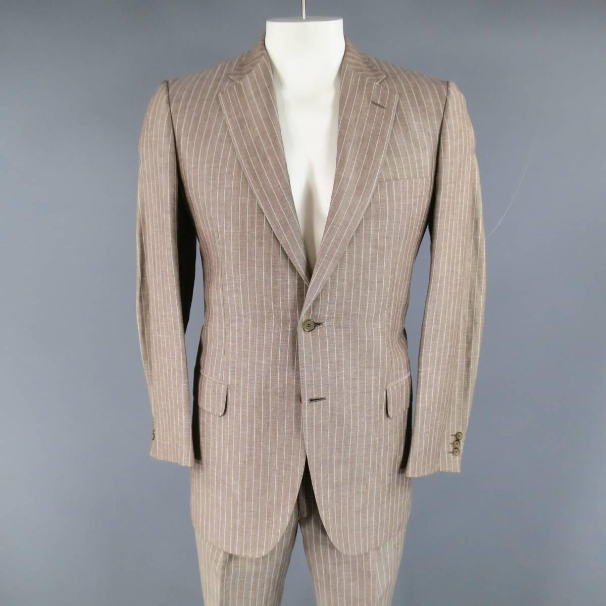 Classic Men's BRIONI for WILKES BASHFORD two piece suit in light taupe brown pinstripe wool / linen includes a notch lapel, two button jacket with double flap pockets, and double vented back with matching pleated, cuffed hem trousers. Made in