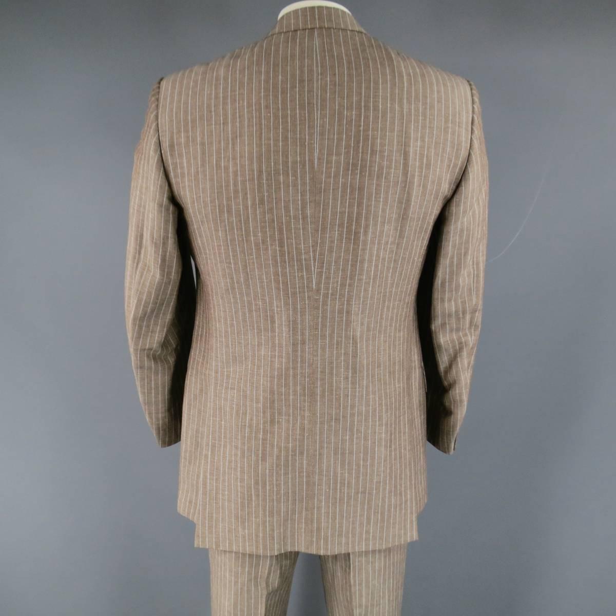 Men's BRIONI 40 Regular Taupe Pinstripe Wool / Linen Notch Lapel 33 30 Suit In Excellent Condition In San Francisco, CA