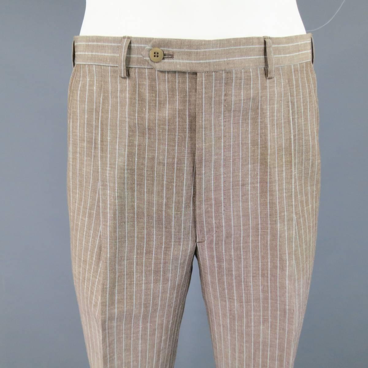 Men's BRIONI 40 Regular Taupe Pinstripe Wool / Linen Notch Lapel 33 30 Suit 1