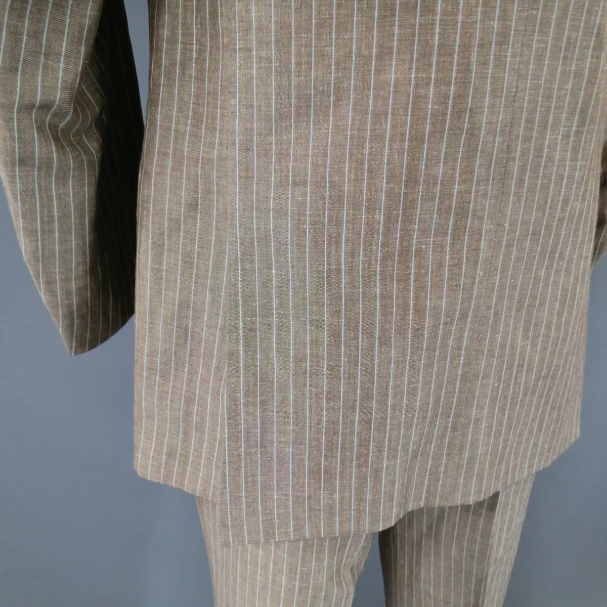 Brown Men's BRIONI 40 Regular Taupe Pinstripe Wool / Linen Notch Lapel 33 30 Suit
