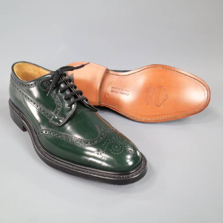 Men's CHURCH'S Size 8.5 Forest Green Shiny Leather Wingtip Brogue Lace ...