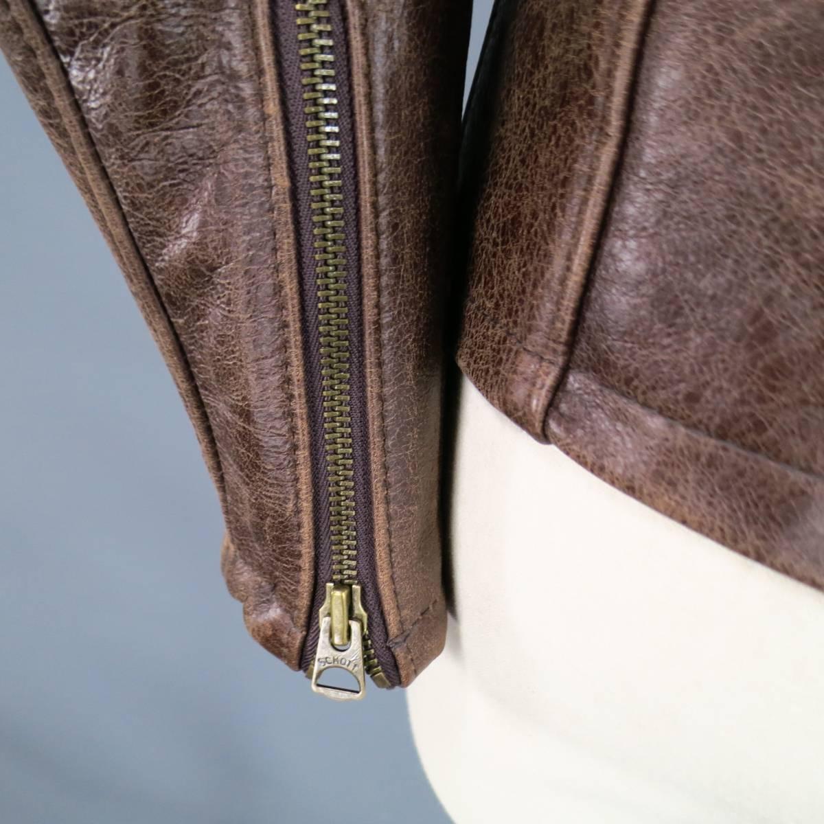 SCHOTT S Distressed Brown Leather Motorcycle Jacket 3