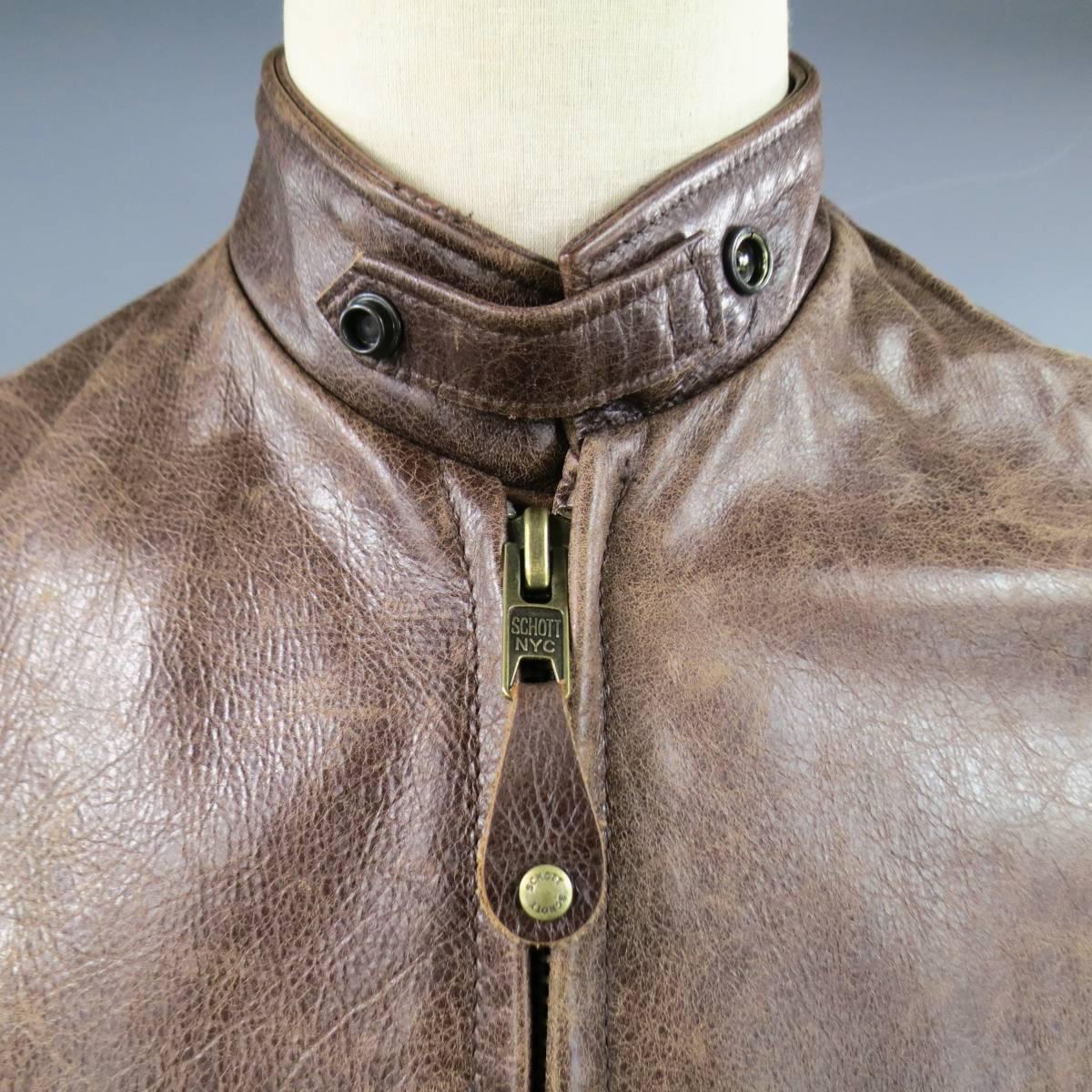 SCHOTT S Distressed Brown Leather Motorcycle Jacket In Excellent Condition In San Francisco, CA