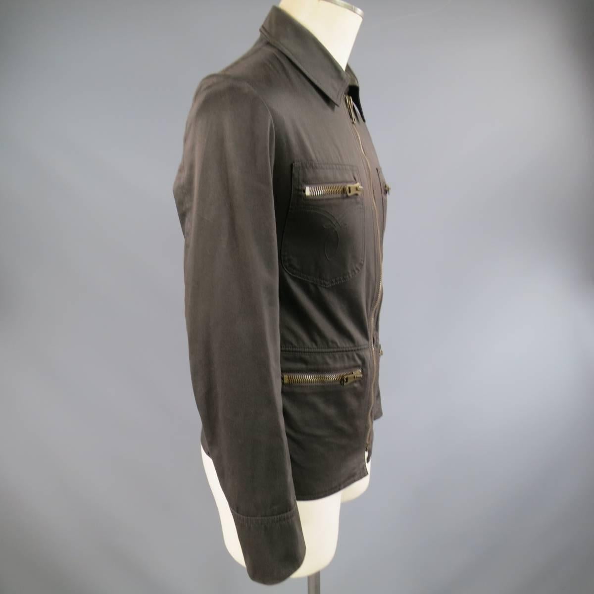 Gucci Men's 38 Brown Cotton Collared Zip Pocket Utility Jacket 1