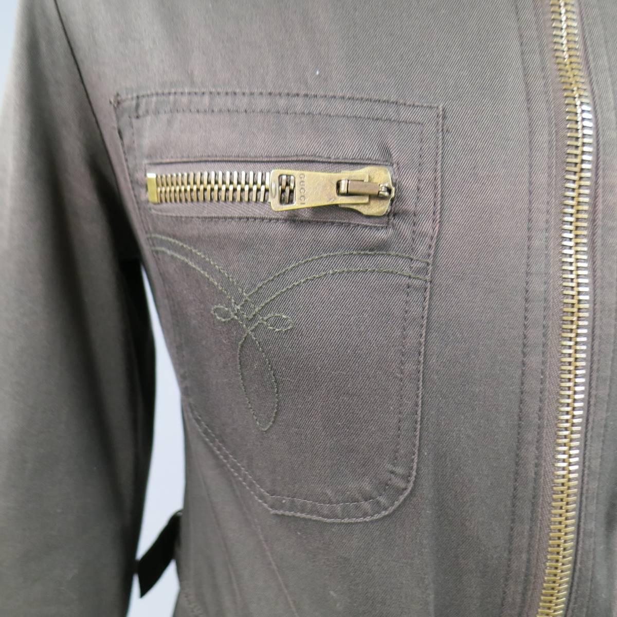 Gray Gucci Men's 38 Brown Cotton Collared Zip Pocket Utility Jacket