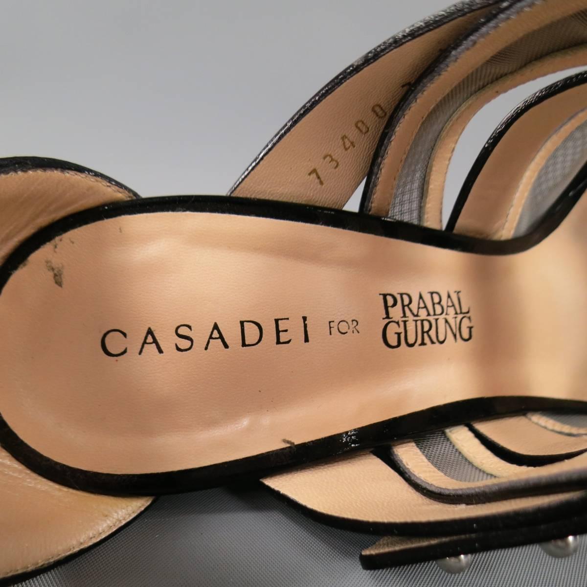 CASADEI X PRABAL GURUNG Size 7.5 Black Mesh Patent Staps Clear Wedge Pumps 6