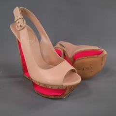 CASADEI Size 8 Beige Nude Leather Peep Toe Pink Cutout Platform Wedges