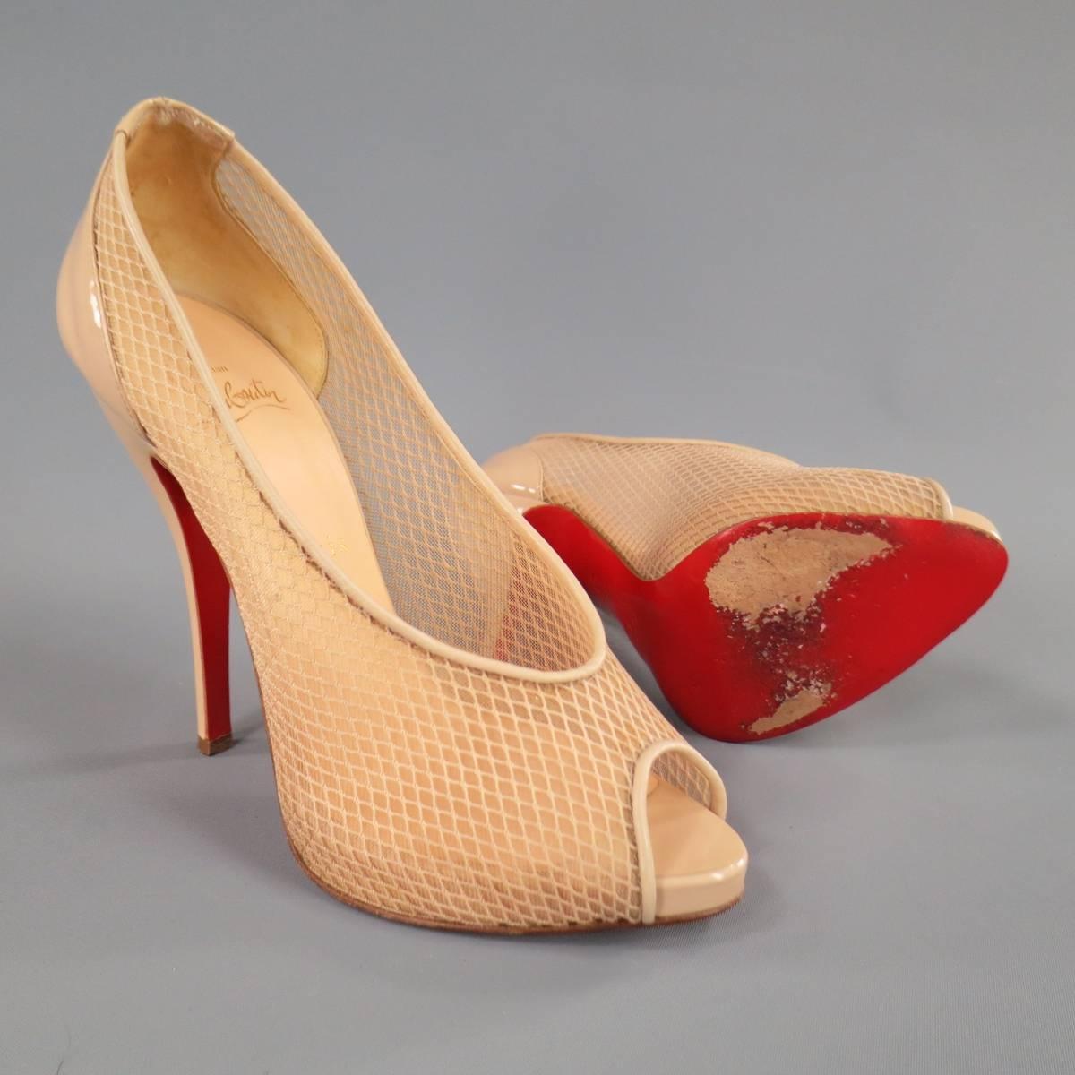 These fabulous CHRISTIAN LOUBOUTIN "Fetilo" pumps come in "nude" beige tulle with a mesh overlay and feature leather piping, peep toe with concealed platform, and patent leather curved stiletto heel. Made in Italy. Retails at