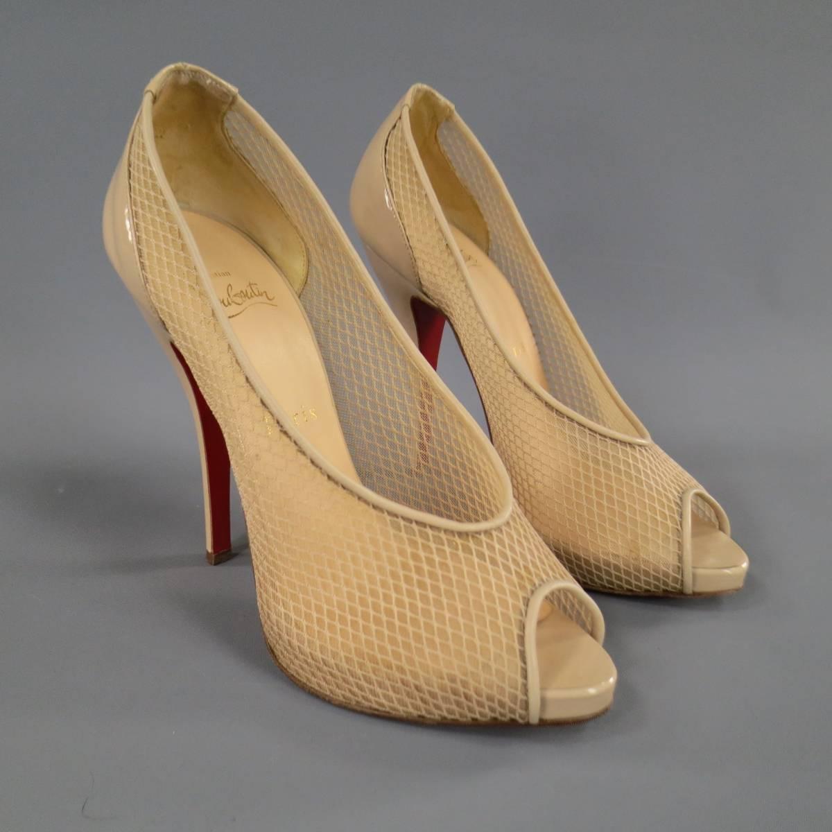 CHRISTIAN LOUBOUTIN Size 7 Beige Mesh Patent Leather Peep Toe Fetilo Pumps In Excellent Condition In San Francisco, CA