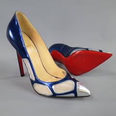 CHRISTIAN LOUBOUTIN Size 6.5 Metallic Navy & Silver Mesh Cutout Pumps
