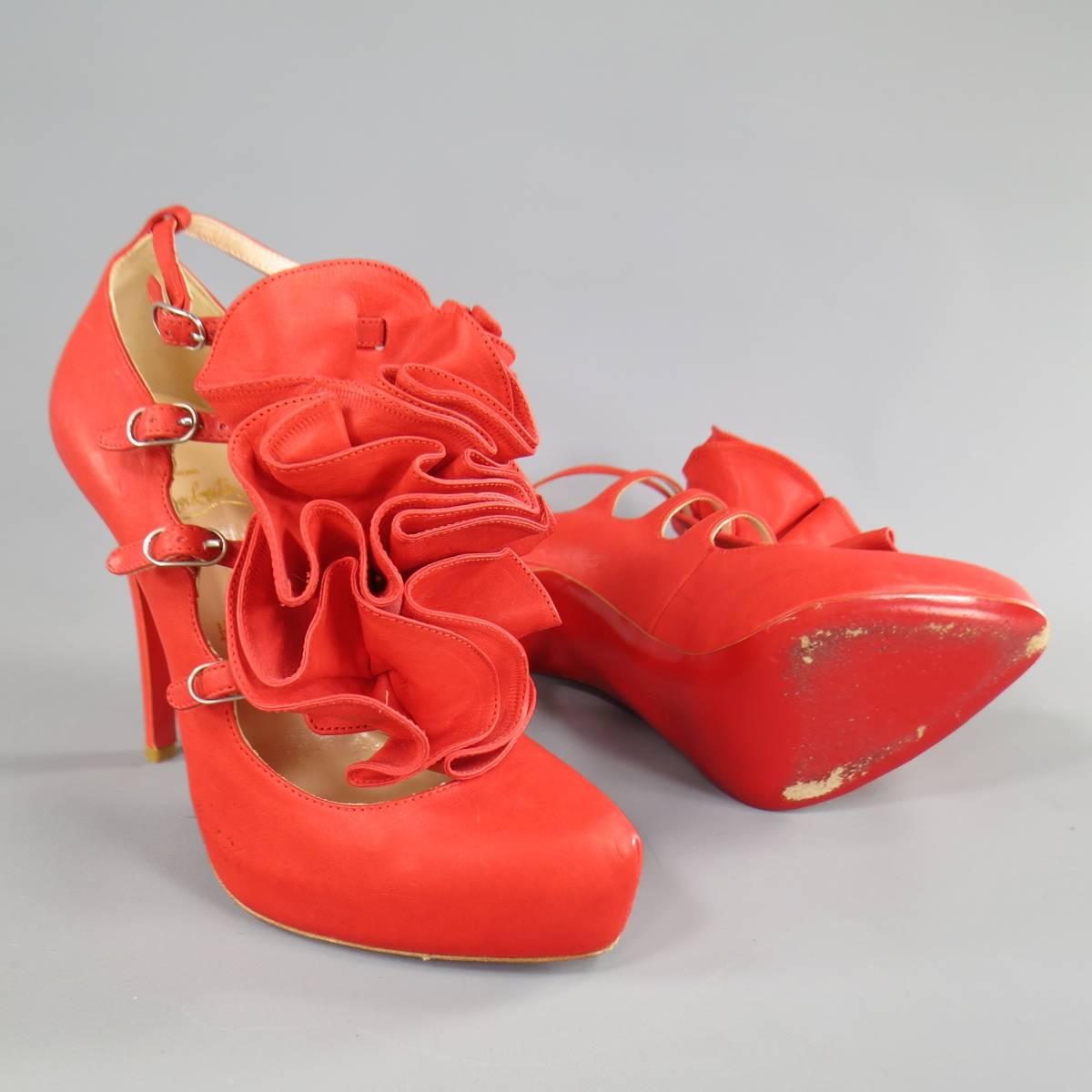 CHRISTIAN LOUBOUTIN Size 7 Red Leather Dillian Flower Platform Pumps In Good Condition In San Francisco, CA