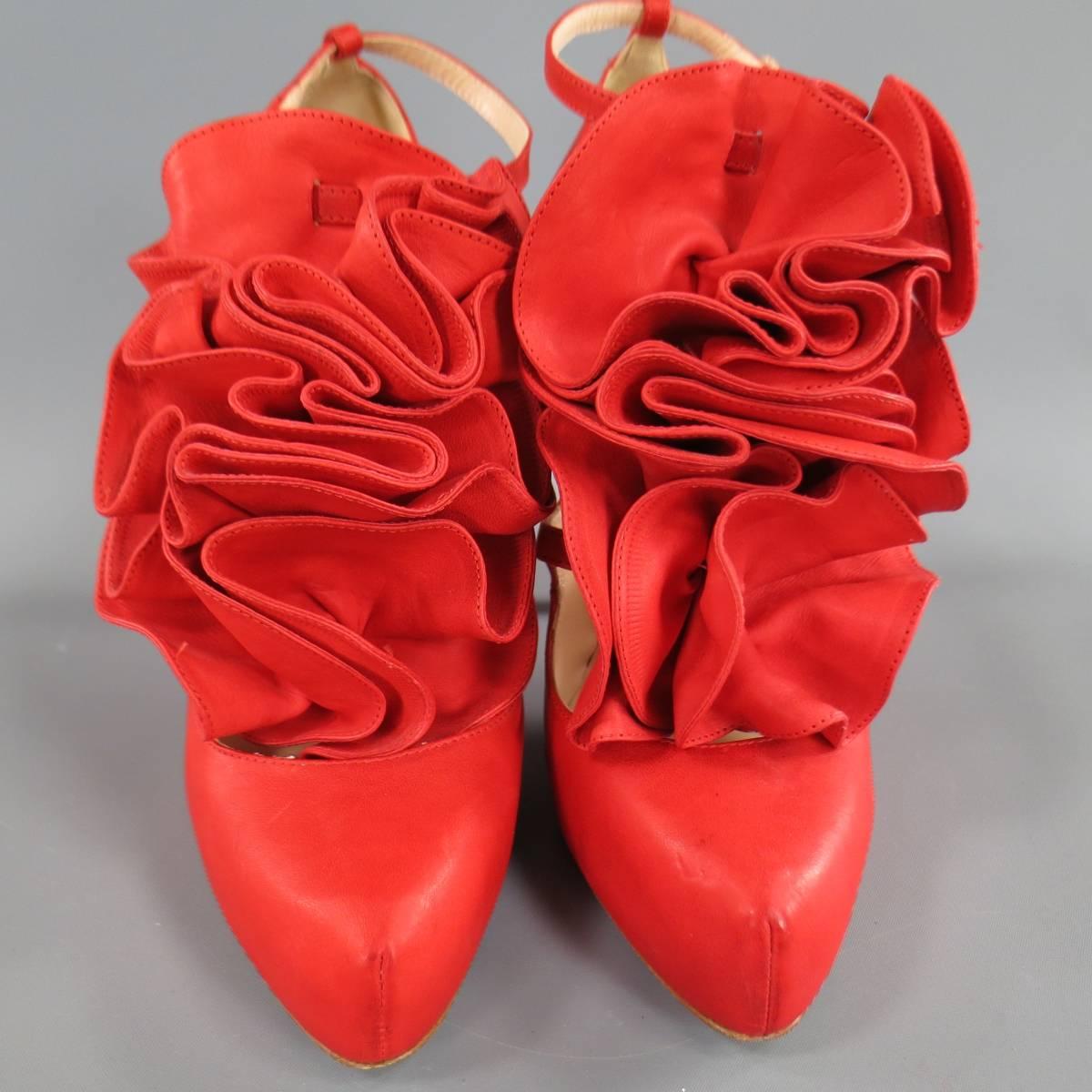 Women's CHRISTIAN LOUBOUTIN Size 7 Red Leather Dillian Flower Platform Pumps