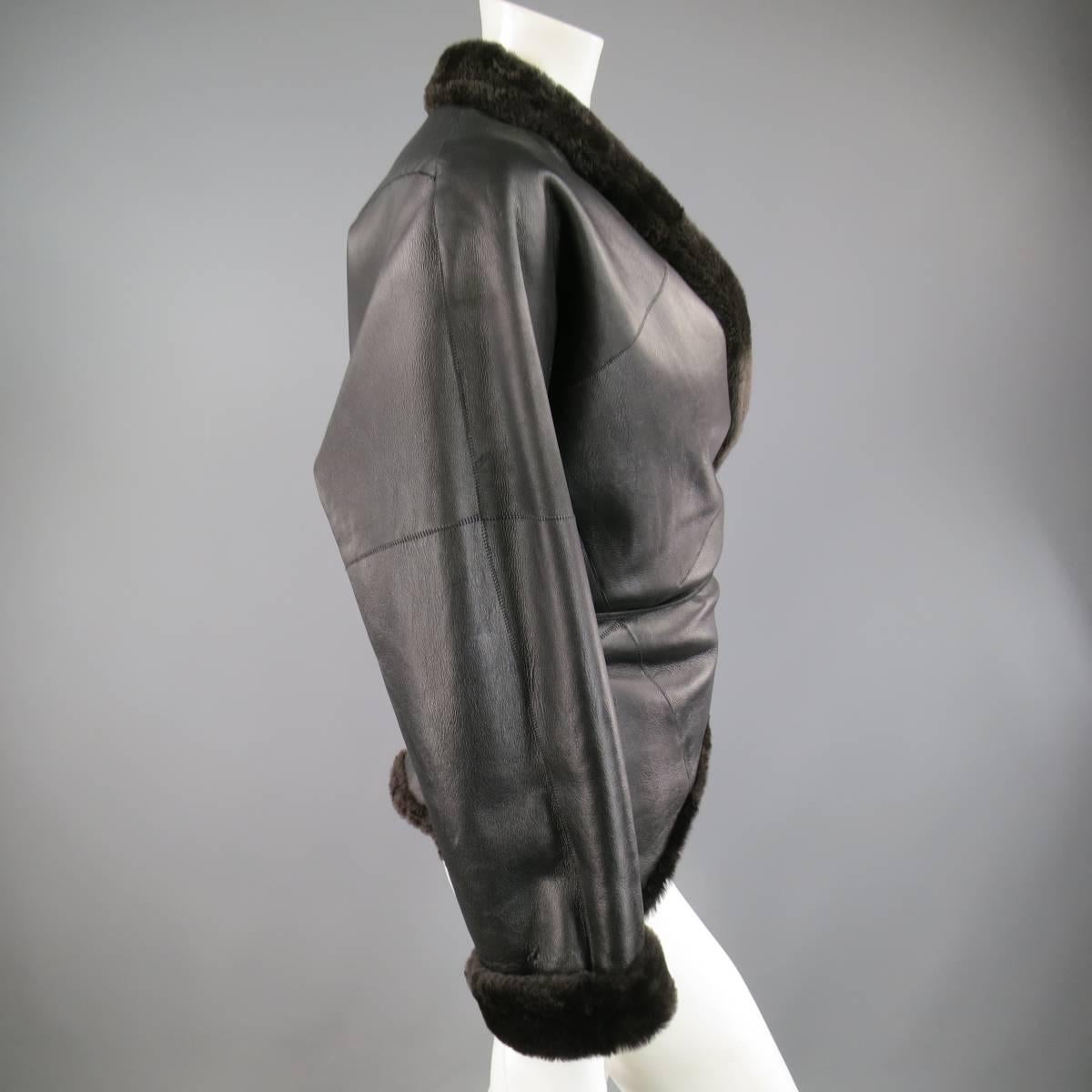 MAX MARA Jacket Size 2 Black & Brown Shearling Cropped Wrap Tie Coat 1
