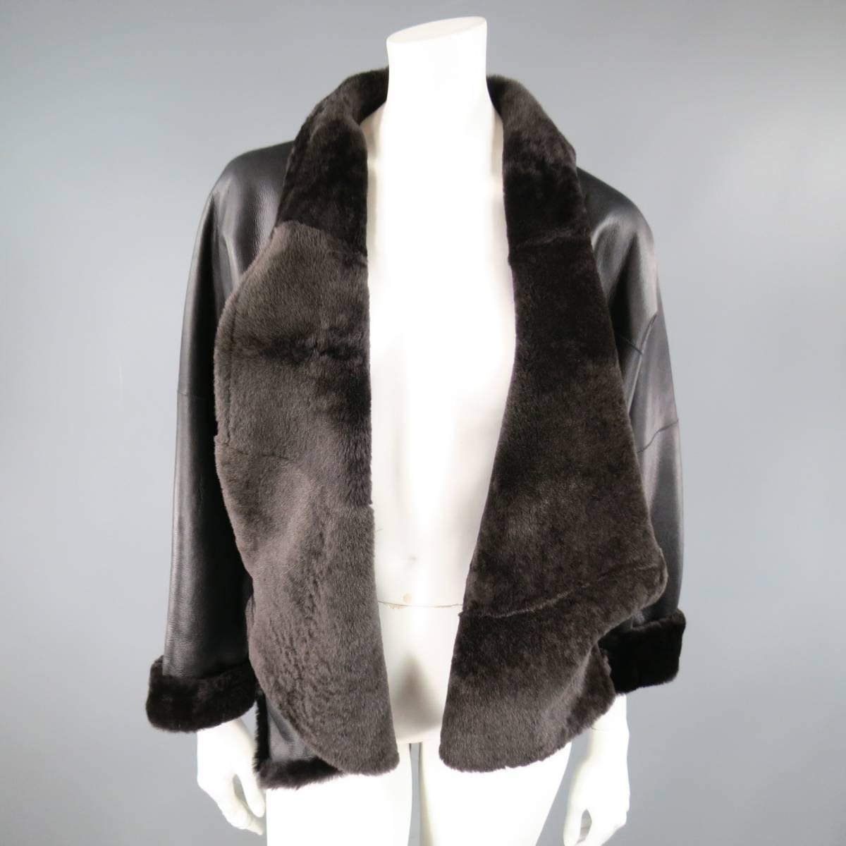 MAX MARA Jacket Size 2 Black & Brown Shearling Cropped Wrap Tie Coat 3