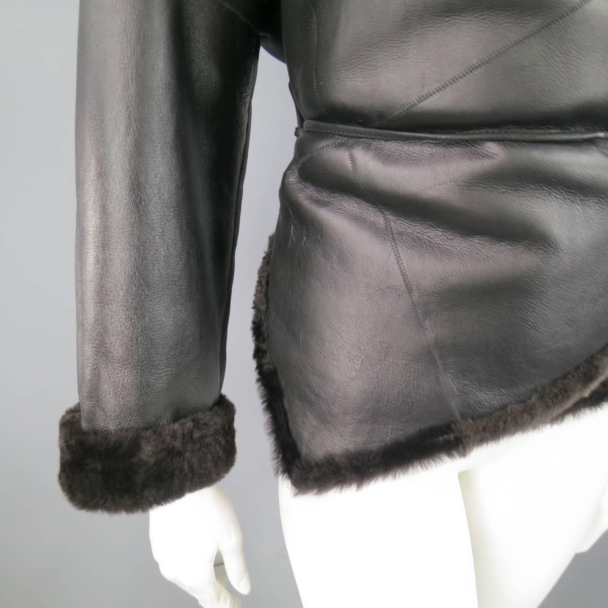 MAX MARA Jacket Size 2 Black & Brown Shearling Cropped Wrap Tie Coat In Excellent Condition In San Francisco, CA