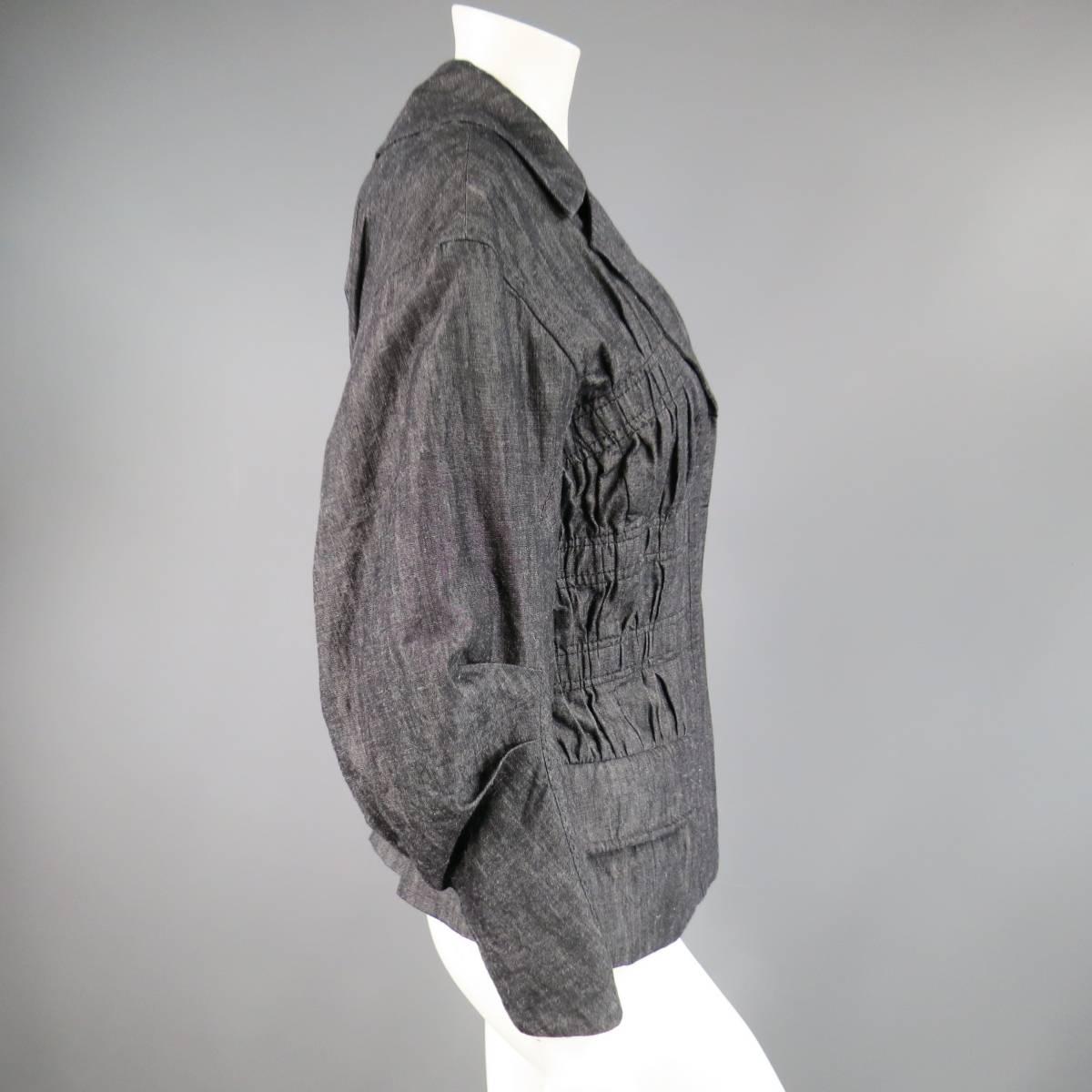Gray LOUIS VUITTON Jacket - Size 6 Navy Cotton / Ramie Ruched Sleeve Pleated Jacket