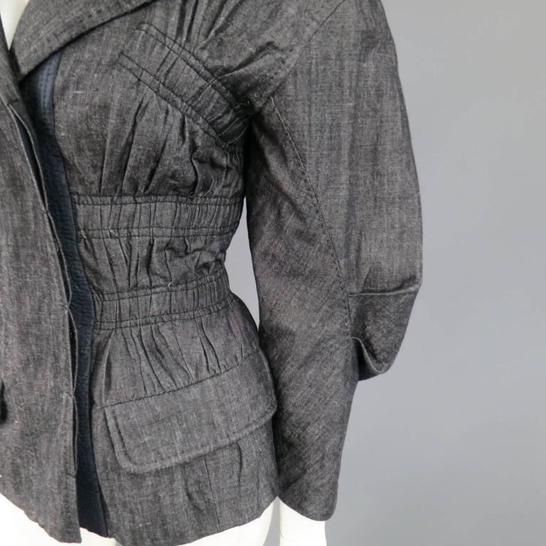 LOUIS VUITTON Jacket - Size 6 Navy Cotton / Ramie Ruched Sleeve Pleated ...