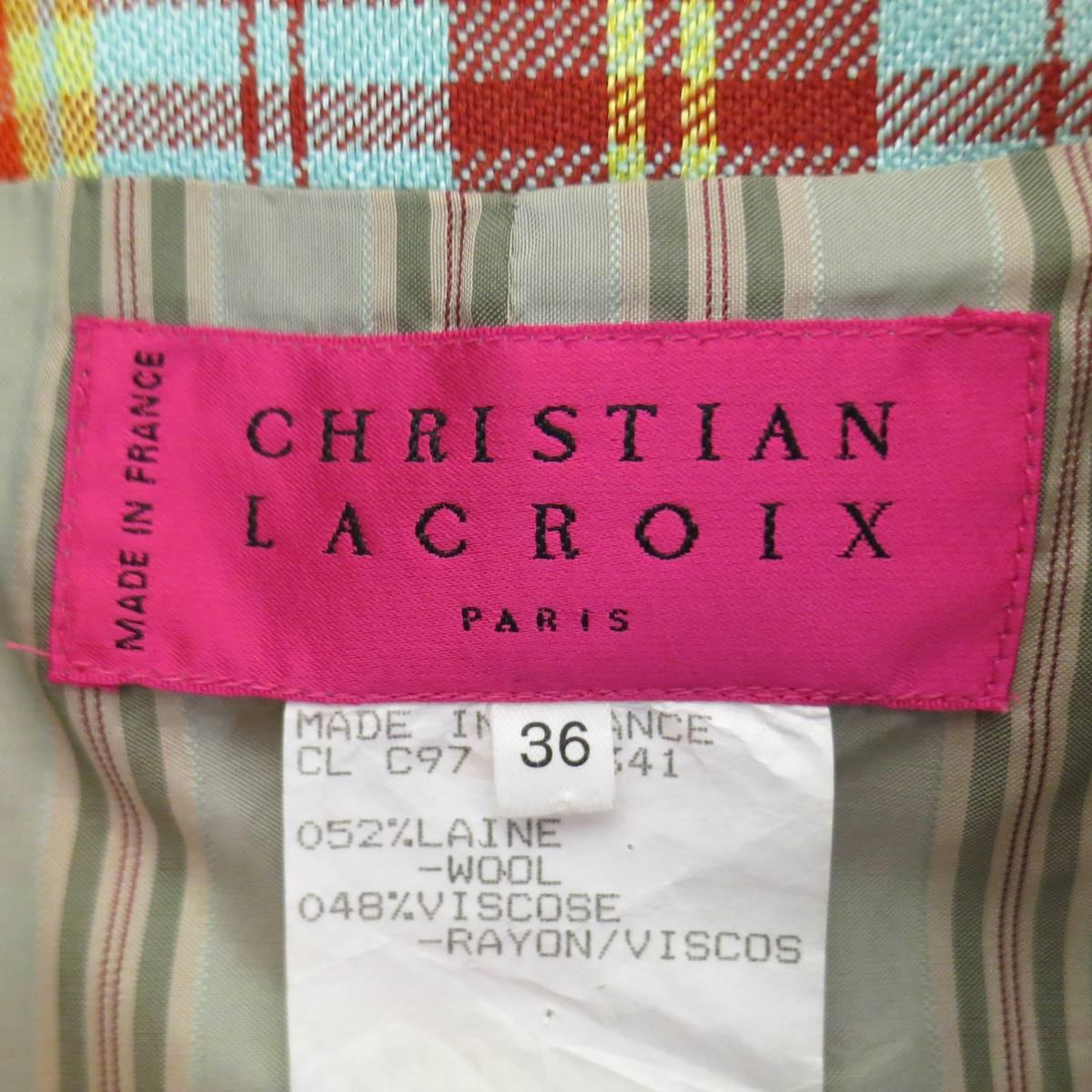 Christian LaCroix Orange and Yellow Plaid Hook Eye Jacket, Size 6  3