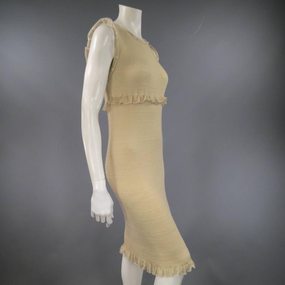 CHANEL Size 4 Light Gold Cashmere Silk Knit Ruffle Trim Cocktail Dress In Excellent Condition In San Francisco, CA