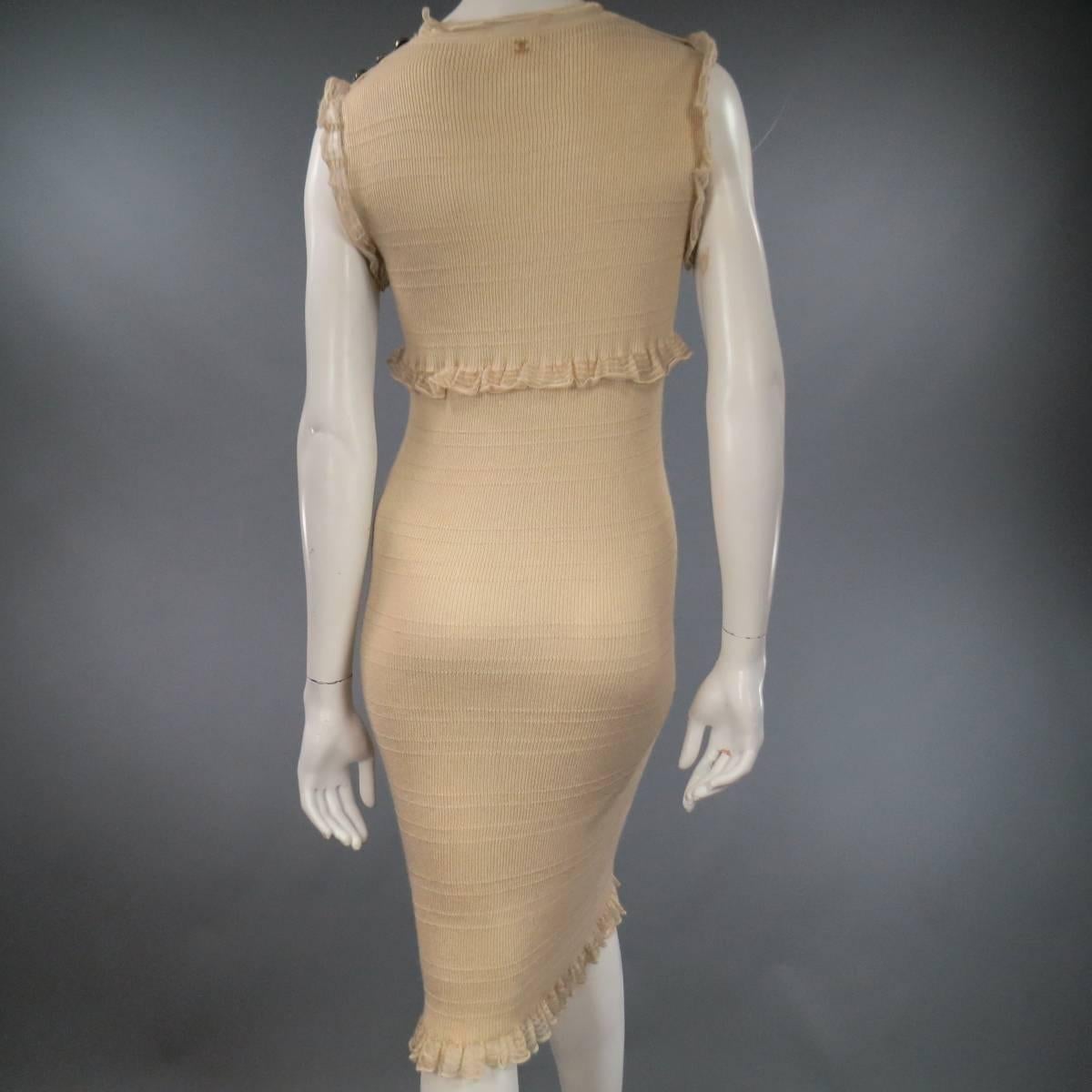 CHANEL Size 4 Light Gold Cashmere Silk Knit Ruffle Trim Cocktail Dress 1