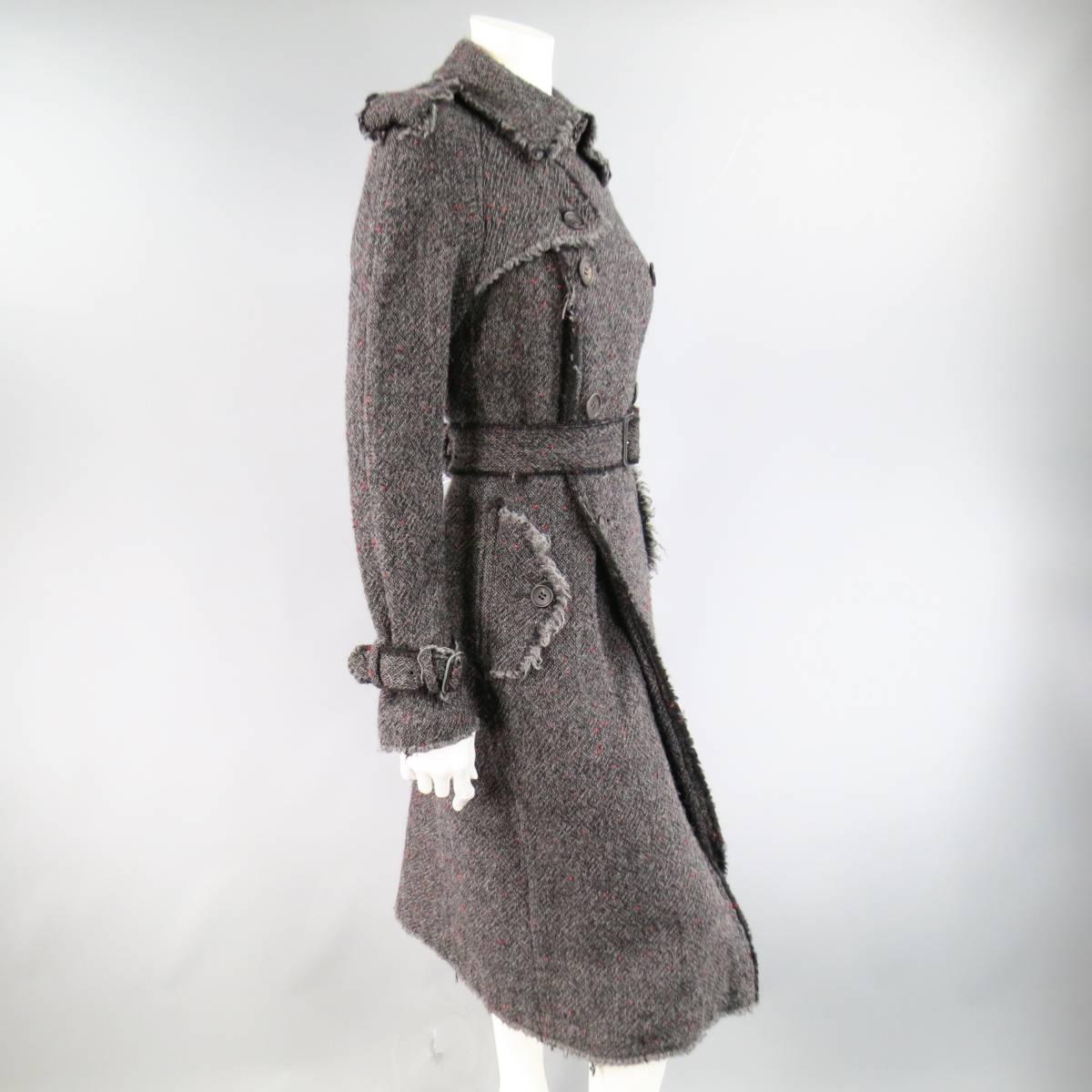 Women's JUNYA WATANABE Size M Charcoal Wool Tweed Raw Edge Belted Cuffs Trench Coat