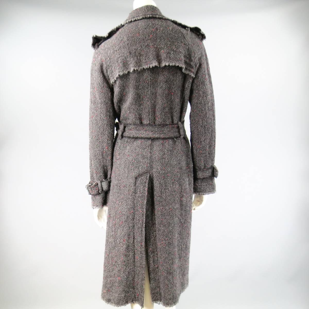 JUNYA WATANABE Size M Charcoal Wool Tweed Raw Edge Belted Cuffs Trench Coat 1