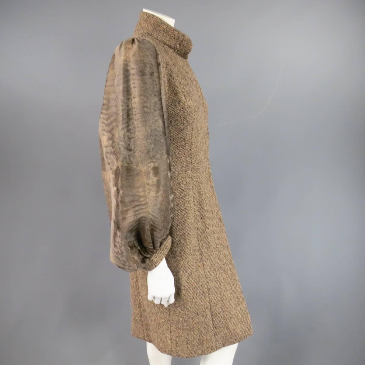 PETROU Size S Brown Wool Blend Tweed Cowhide Balloon Sleeve Snap Coat In Excellent Condition In San Francisco, CA